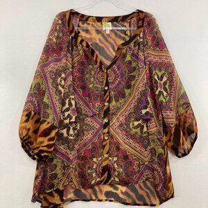 Fig and Flower size 2X Multi Color Boho Mixed Media Animal Print Soft Flowy Top